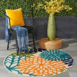 Kirklands Home Outdoor Rugs|Tangerine Floral Burst Round Outdoor Area Rug