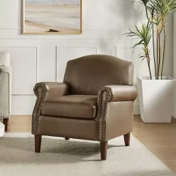 Kirklands Home Accent Chairs|Taupe Faux Leather Nailhead Taylor Armchair Brown