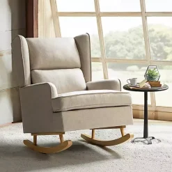 Kirklands Home Accent Chairs|Taupe Upholstered Natural Base Wingback Rocker Tan