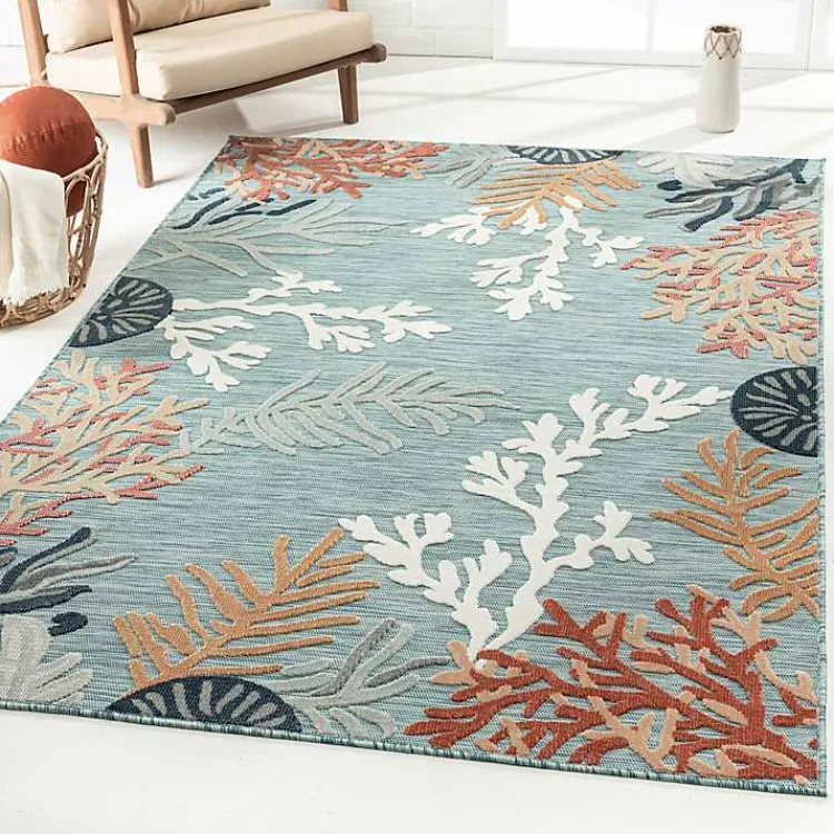 Kirklands Home Outdoor Rugs|Teal Coral Reef Area Rug, 5x7 Blue