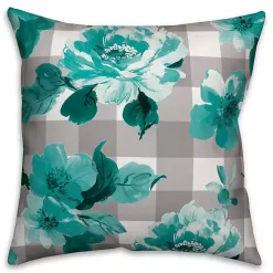 Kirklands Home Outdoor Cushions & Pillows|Teal Floral Buffalo Check Outdoor Pillow
