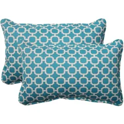 Kirklands Home Outdoor Cushions & Pillows|Teal Hickory Geo Outdoor Lumbar Pillows, Set of 2 Blue