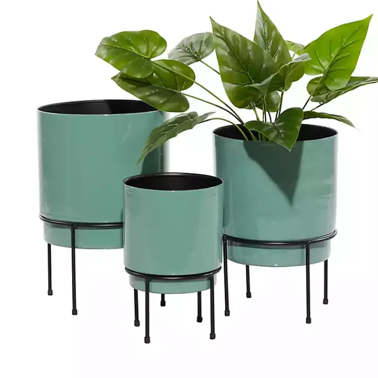 Kirklands Home Planters|Teal Metal Round Planters with Stands, Set of 3 Blue