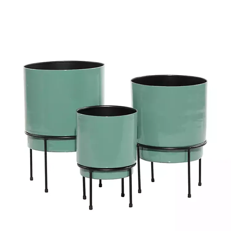 Kirklands Home Planters|Teal Metal Round Planters with Stands, Set of 3 Blue