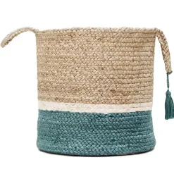 Hot Teal Off White Woven Basket with Tassel, 17 in. Baskets & Boxes