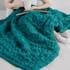 Outlet Teal Ruched Faux Fur Throw Blankets & Throws