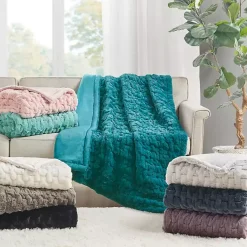 Outlet Teal Ruched Faux Fur Throw Blankets & Throws