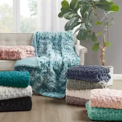 Outlet Teal Ruched Faux Fur Throw Blankets & Throws