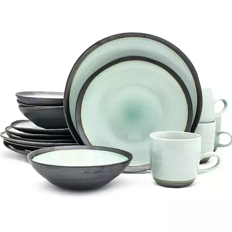 Kirklands Home Dinnerware|Turquoise and Black Ceramic 16-pc. Dinnerware Set