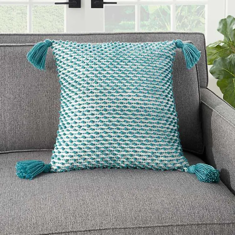 Kirklands Home Outdoor Cushions & Pillows|Turquoise Knotted Tassel Outdoor Throw Pillow Blue