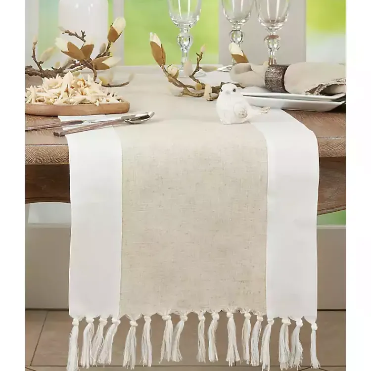 Kirklands Home Table Linens|Two Tone Tan and White Table Runner, 90 in.