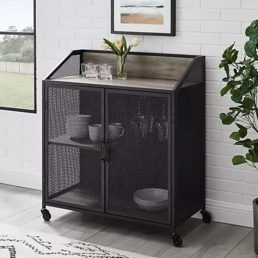 Kirklands Home Cabinets & Sideboards|Urban Mesh Door Rolling Bar Cabinet Gray