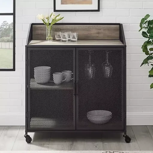 Kirklands Home Cabinets & Sideboards|Urban Mesh Door Rolling Bar Cabinet Gray