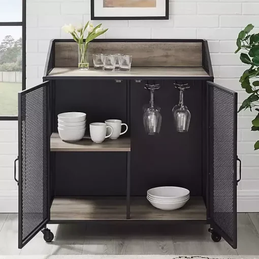 Kirklands Home Cabinets & Sideboards|Urban Mesh Door Rolling Bar Cabinet Gray