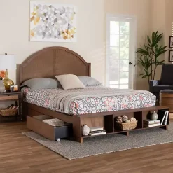 Kirklands Home Beds & Headboards|Walnut Rattan Queen Storage Bed Brown