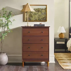 Kirklands Home Dressers & Chests|Walnut Mid-Century Modern 4-Drawer Wood Dresser Brown