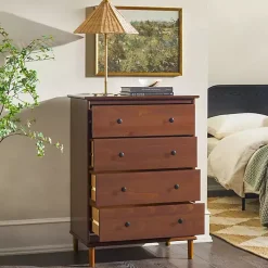 Kirklands Home Dressers & Chests|Walnut Mid-Century Modern 4-Drawer Wood Dresser Brown
