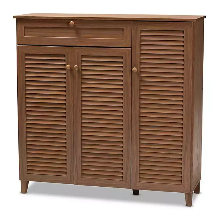 Kirklands Home Entryway Furniture|Walnut Wood 11-Shelf Paneled Shoe Cabinet Brown