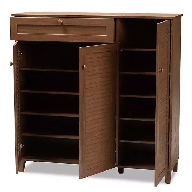 Kirklands Home Entryway Furniture|Walnut Wood 11-Shelf Paneled Shoe Cabinet Brown