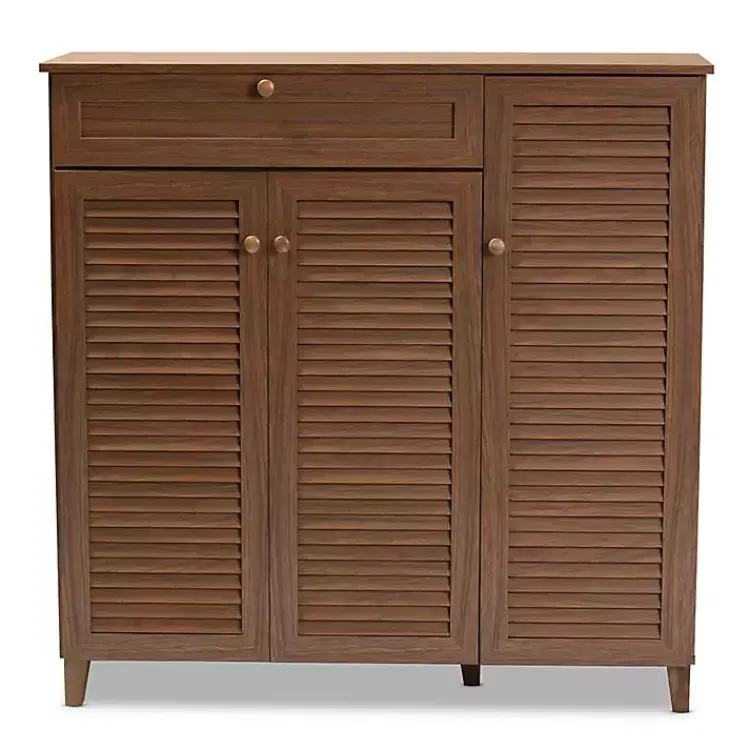 Kirklands Home Entryway Furniture|Walnut Wood 11-Shelf Paneled Shoe Cabinet Brown