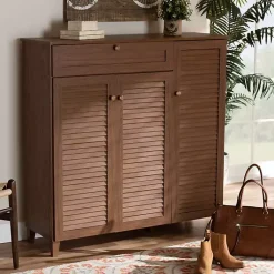 Kirklands Home Entryway Furniture|Walnut Wood 11-Shelf Paneled Shoe Cabinet Brown