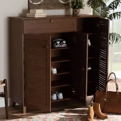 Kirklands Home Entryway Furniture|Walnut Wood 11-Shelf Paneled Shoe Cabinet Brown