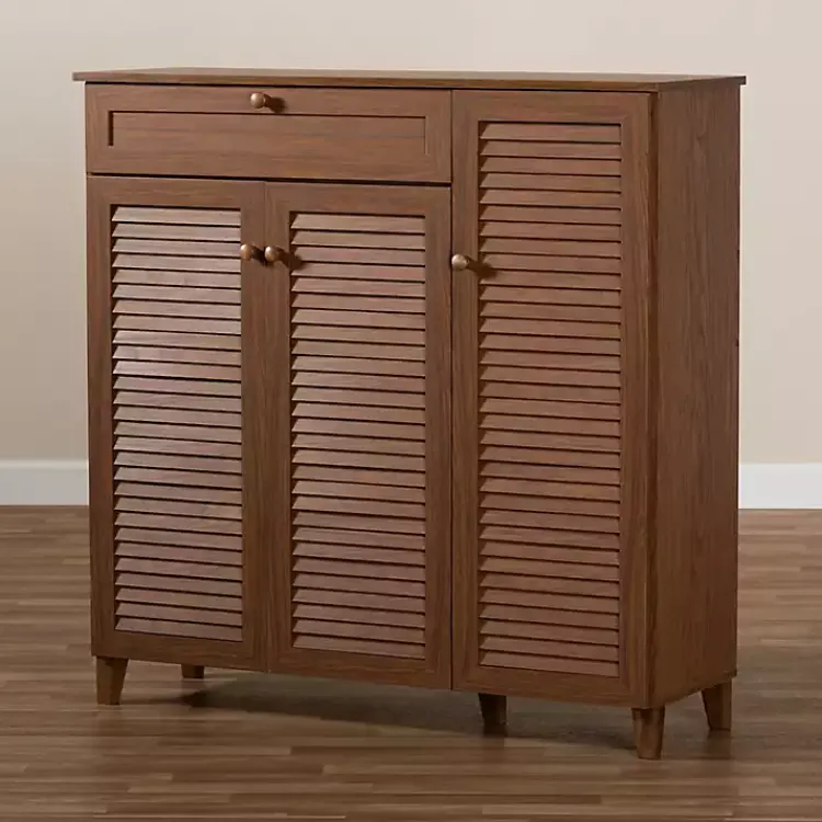 Kirklands Home Entryway Furniture|Walnut Wood 11-Shelf Paneled Shoe Cabinet Brown