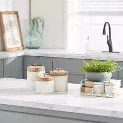 Weathered Ivory Jars with Wooden Lids, Set of 3 Decorative Bowls & Jars