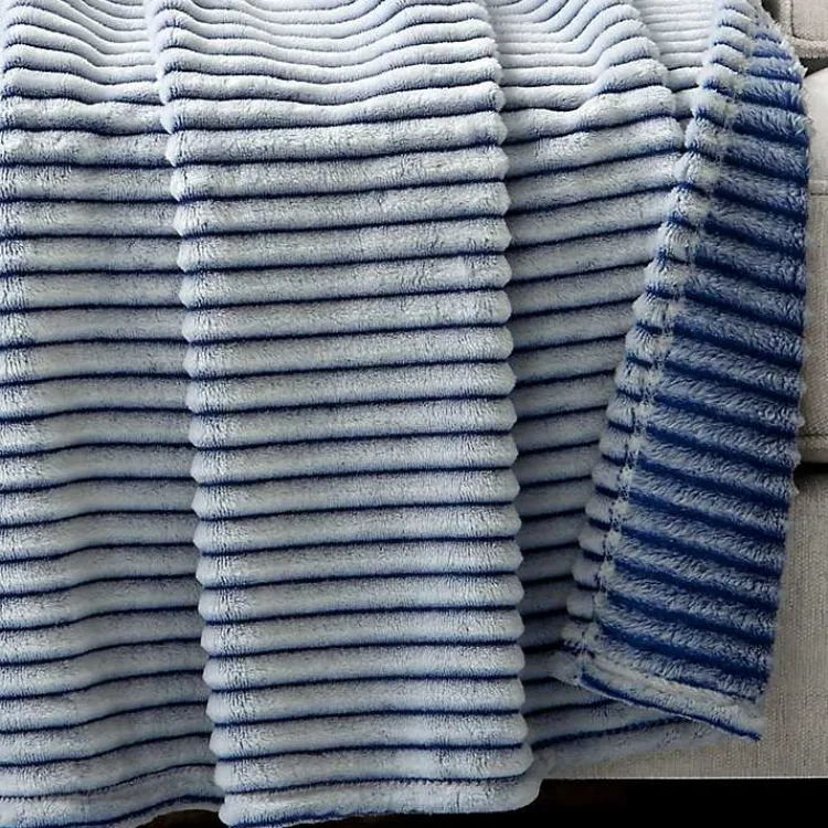 Outlet White & Navy Ribbed Ultra Soft Faux Fur Throw Blankets & Throws