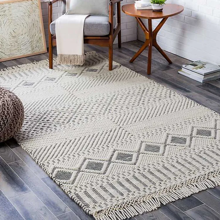 Kirklands Home Area Rugs|White and Black Diamond Tassel Wool Area Rug, 5x7