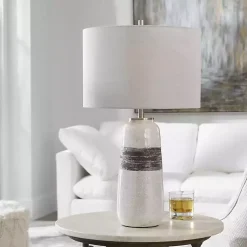 Kirklands Home Table Lamps|White and Brown Distressed Stripe Table Lamp Gray