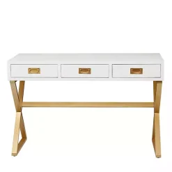 Kirklands Home Office Furniture|White and Gold Metal Desk with Outlets