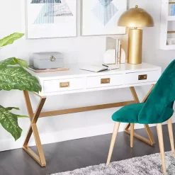 Kirklands Home Office Furniture|White and Gold Metal Desk with Outlets