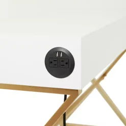 Kirklands Home Office Furniture|White and Gold Metal Desk with Outlets