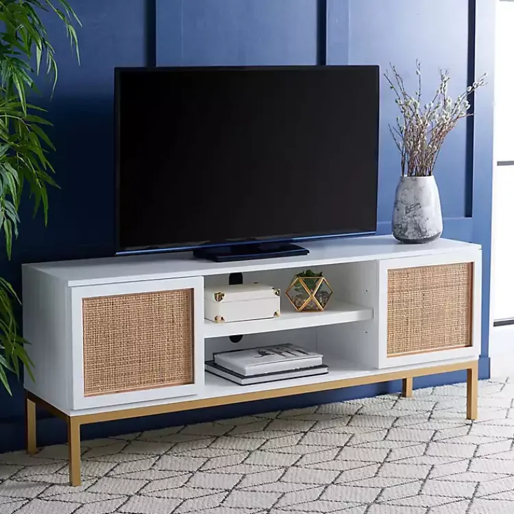 Kirklands Home Tv Stands & Media Consoles|and Gold Rattan Media Cabinet White