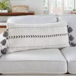 New White and Gray Braided Stripe Lumbar Pillow Pillows