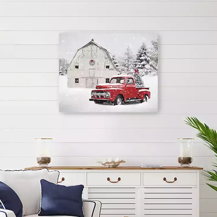 Hot Barn Red Truck Christmas Tree Canvas Print Christmas Art & Wall Decor