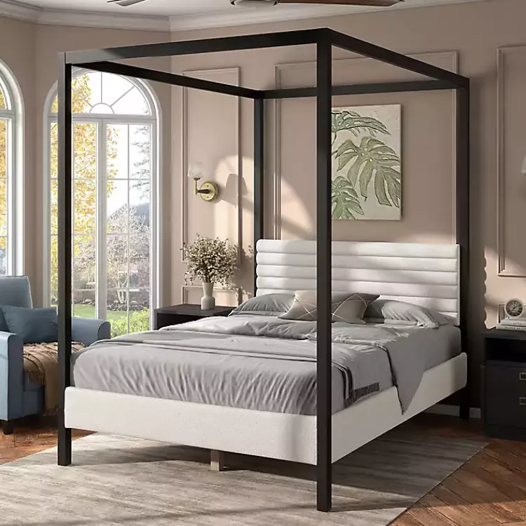 Kirklands Home Beds & Headboards|White Boucle Upholstered Black Canopy Queen Bed