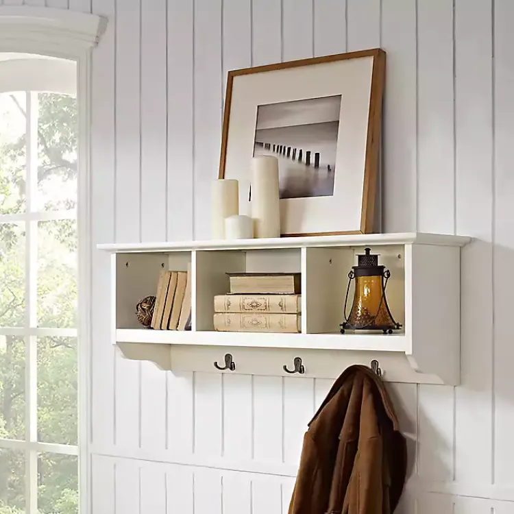 Kirklands Home Wall Storage|White Brenna Storage Shelf with Hooks