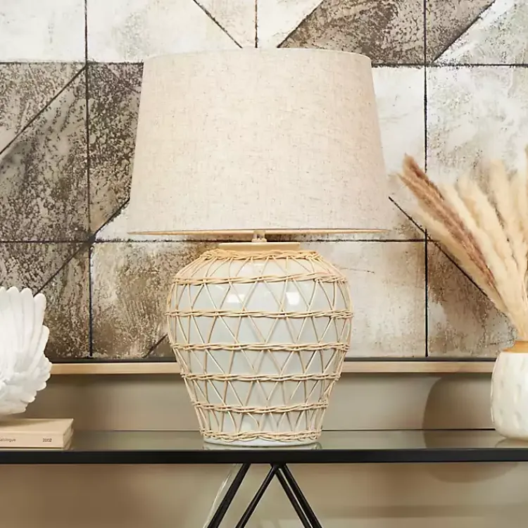 Kirklands Home Table Lamps|Ceramic and Jute Woven Table Lamp White