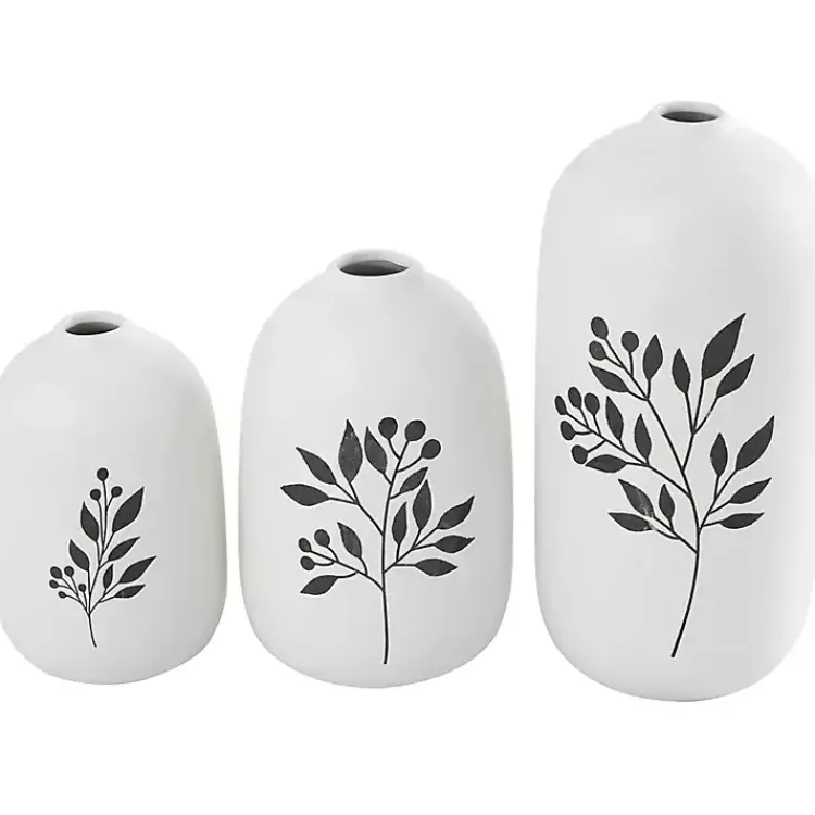 Outlet White Ceramic Berry and Fern Vases, Set of 3 Vases