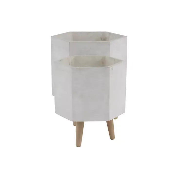 Kirklands Home Planters|Clay and Wood Hexagon Planters, Set of 2 White