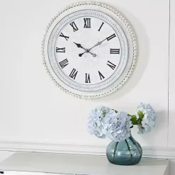 Kirklands Home Clocks|White Distressed Wood Round Beaded Wall Clock
