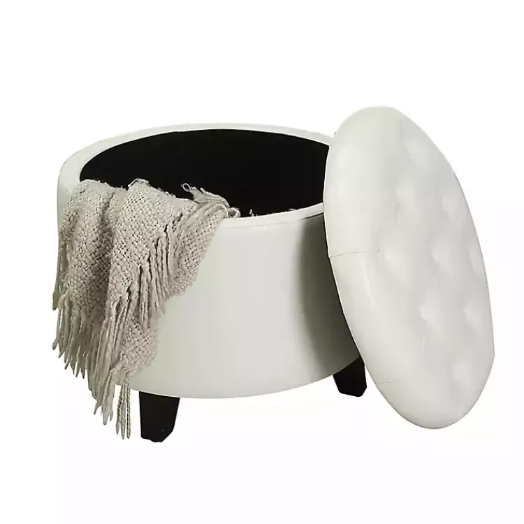 Kirklands Home Benches & Ottomans|Faux Leather Eliza Round Storage Ottoman White