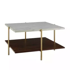 Kirklands Home Coffee Tables|White Faux Marble and Brown Wood Coffee Table