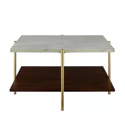 Kirklands Home Coffee Tables|White Faux Marble and Brown Wood Coffee Table