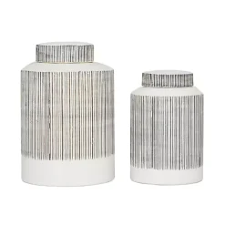 New White Lined Ceramic Jars, Set of 2 Decorative Bowls & Jars