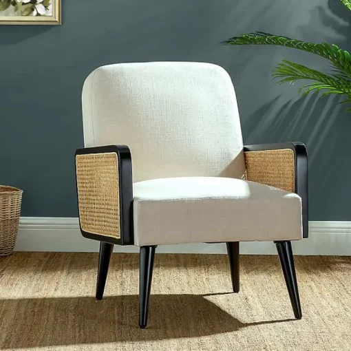 Kirklands Home Accent Chairs|White Linen and Rattan Accent Chair Ivory
