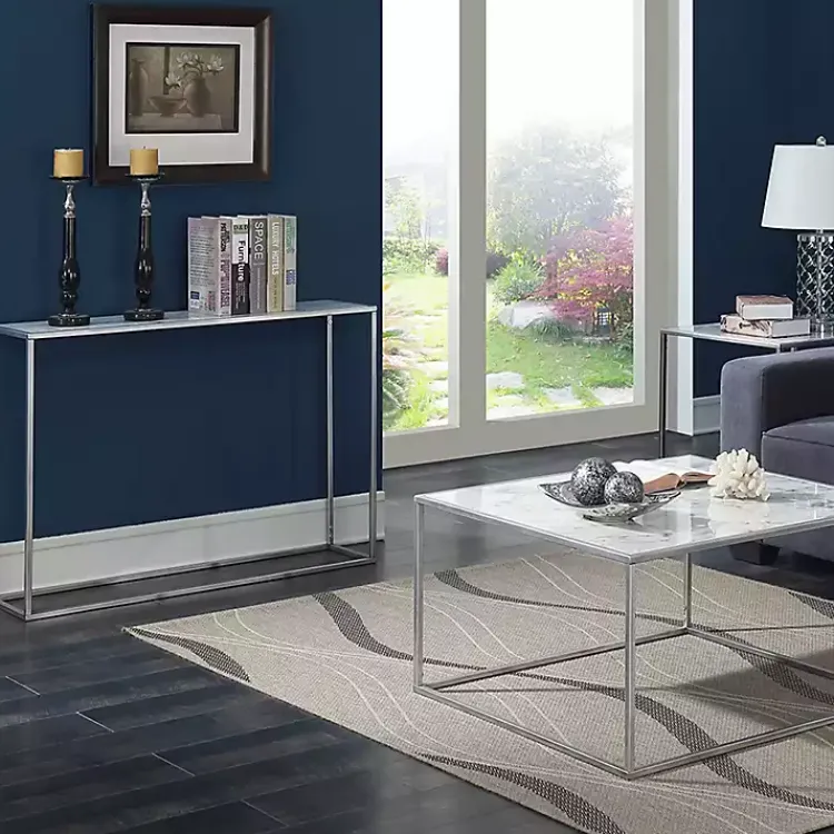 Kirklands Home Console Tables|White Marble & Metal Slim Console Table Silver
