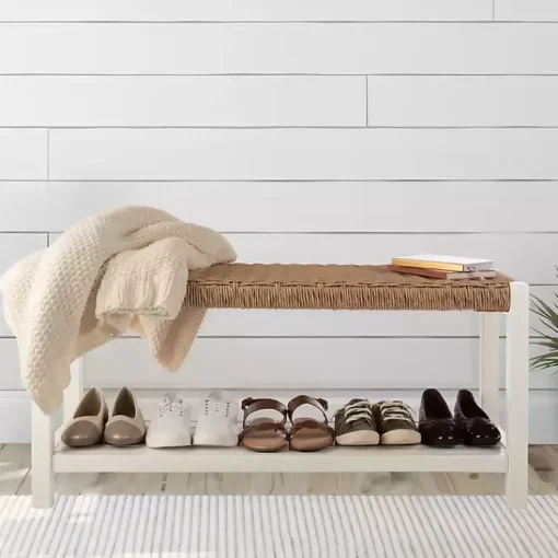 Kirklands Home Benches & Ottomans|White Newport Wood and Rattan Bench with Shelf Brown